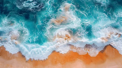 Zelfklevend Fotobehang Beautiful beach with blue sea and waves on the sand seen from above. abstract watercolor painting Top down aerial view. splash in the sea © Stream Skins
