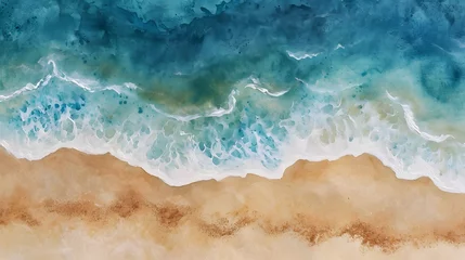 Möbelaufkleber Beautiful beach with blue sea and waves on the sand seen from above. abstract watercolor painting Top down aerial view. background texture © Stream Skins