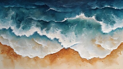 Beautiful beach with blue sea and waves on the sand seen from above. abstract watercolor painting...