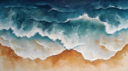Foto op Canvas Beautiful beach with blue sea and waves on the sand seen from above. abstract watercolor painting Top down aerial view. texture of the wall © Stream Skins