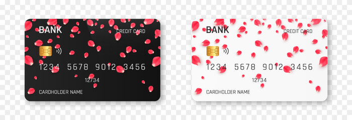Fototapeta na wymiar Bank card vector template png. Bank card with rose or sakura petals design. Plastic bank card png.
