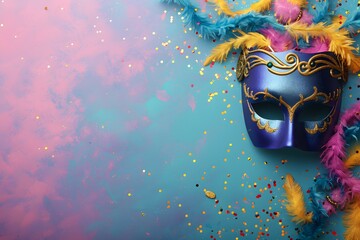 A vibrant carnival mask against a colorful confetti-strewn backdrop