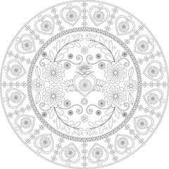 Folk floral ornament circle illustration,  Linear flat art, embroidery template,coloring page. Black outline doodle floral mandal