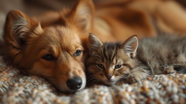 Comfortable animals lying down to sleep. Adorable cute pets photo bundle. group of dogs and cat. group of dog puppies