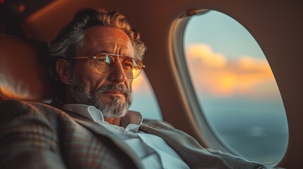 Businessman looking out of window of a private jet