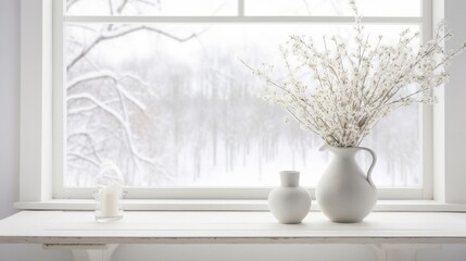 White vase and white flowers in front of white window, with snow falling outside