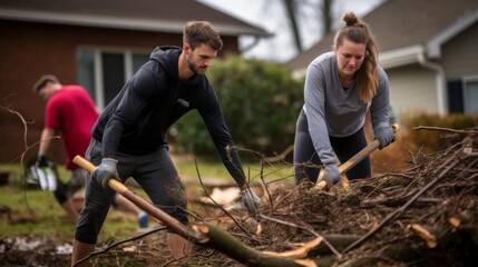 Young couple clearing up storm debris from the drive of their house.