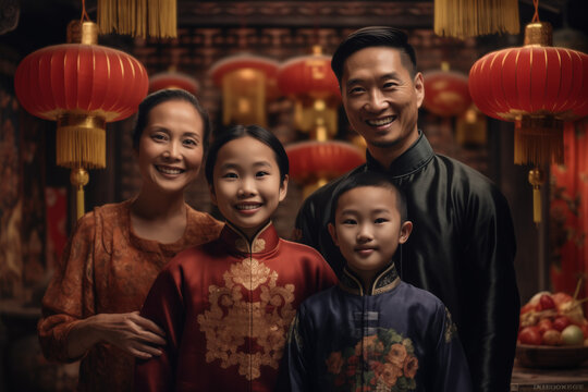 Smiling Asian family during an Asian party. Asian festival and tradition. Culture, celebration and Asian cuisine.
​China. Japan. AI.
​​
