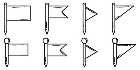 Doodle Style Hand Drawn Collection of Location Flag Pins. Set of Unique Navigation Markers Pinpoints for a Creative and Informative Design