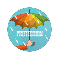 Hand with an umbrella and the inscription - protection. Round icon, sign, symbol, emblem. Vector illustration - obrazy, fototapety, plakaty