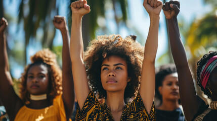 people raise their fists in the air, a protest action - obrazy, fototapety, plakaty