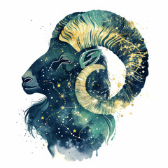 Horoscope. Aries zodiac sign. Double exposure illustration combined with raw ink drawing of stars and constellations. Dark blue, green and gold color scheme. White background.
