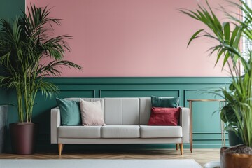 Uma sala de estar super confortável e aconchegante. Possui sofá claro e quadro na parede. Tudo em uma linda paleta de cor viva e natural. - obrazy, fototapety, plakaty