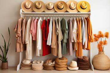 Women's wardrobe, clothes in neutral light colors on hangers. Concept: organizing order in a wardrobe or pantry. Shelf with hangers and hats. Generated by artificial intelligence