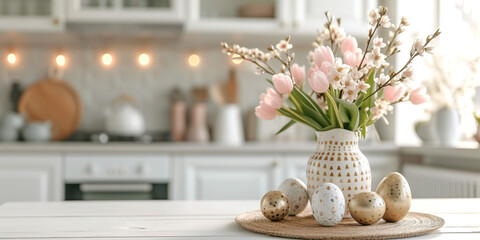 Happy easter! Easter eggs and tulips on kitchen table with cozy home background.