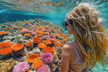 Cute little girl looking at colorful tropical coral reef in the ocean