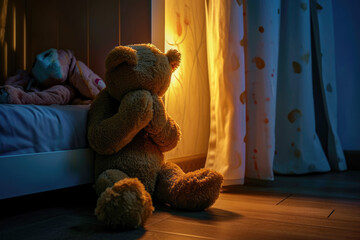 Concealing the Pain: Illustrating the Concept of Child Abuse with a Teddy Bear Shielding Its Eyes - obrazy, fototapety, plakaty