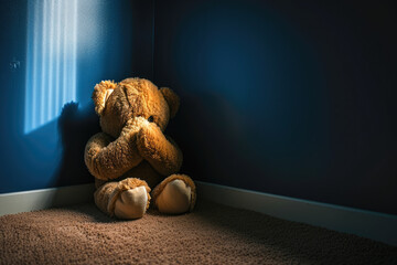 Concealing the Pain: Illustrating the Concept of Child Abuse with a Teddy Bear Shielding Its Eyes - obrazy, fototapety, plakaty