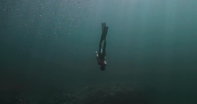 Beautiful woman freediving deep in the Indian Ocean.