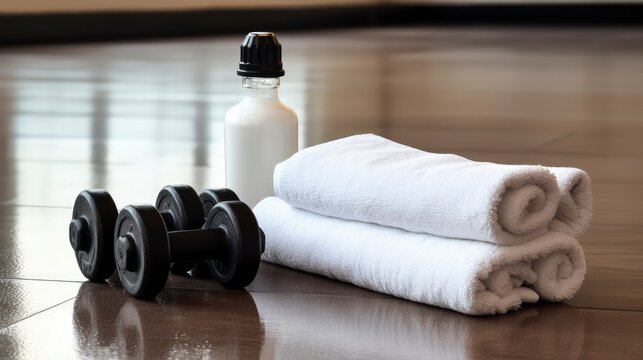 Bottle of Water and Towels on Floor - Hydration and Relaxation Accessory Setup
