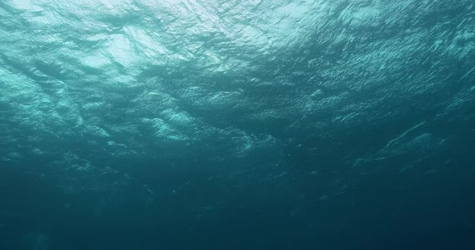 Stunning underwater view of sunlight hitting waves on sea surface.