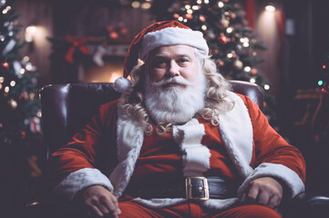 Santa Claus Christmas Xmas Christmas funny santa claus. Santa Claus seated in a chair in a room with a christmas tree. 