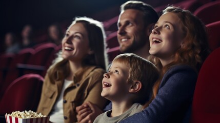 Young family, happily, smiling, looking up at cinema screen with popcorn