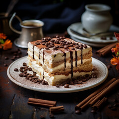 tiramisu cake with coffee beans on the dark table