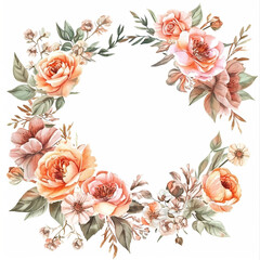 Watercolor wreath of spring flowers, featuring peach-toned roses and delicate foliage, creating an elegant and soft circular floral arrangement.
