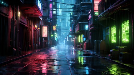 A cyberpunk alleyway in the rain with reflective surfaces and neon lights