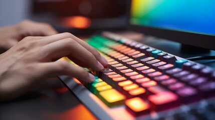 Hands on keyboard with rainbow coloured light reflecting off the keys. Concept - Gay pride in the work place