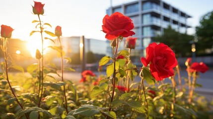 red roses, growing wild, catching early morning sunshine with modern office building in the background --ar 16:9 --style raw --stylize 50 Job ID: 9deae7e9-8759-4603-ba16-83b0d8c67be6