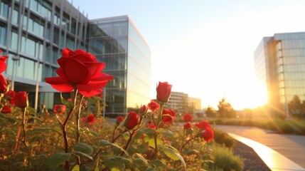 Red roses catching early morning sunshine with modern office building in the background - obrazy, fototapety, plakaty