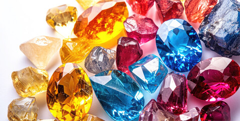 Striking collage of Sapphire, Citrine, and Ruby, showcasing their vivid blue, yellow, and red hues against a white background - obrazy, fototapety, plakaty