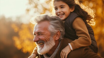 Grandfather with grey beard, sharing a playful piggyback ride and laughter with his granddaughter. - Powered by Adobe