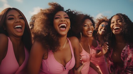 Fototapeta premium A group of black ladies dressed in pink, laugh and enjoy the summer weather