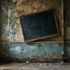 dilapidated classroom, old chalkboard, worn walls, abandoned education space, neglected learning environment, aged schoolroom, vintage education setting, deteriorated interior, decaying infrastructure