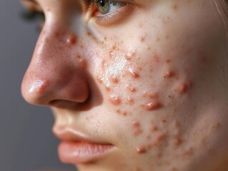 Teen girl with acne problem squeezing pimple indoors