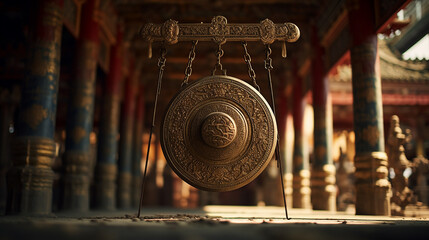 Gong at the Temple: At the entrance of a tranquil temple, a gong stands silent - obrazy, fototapety, plakaty
