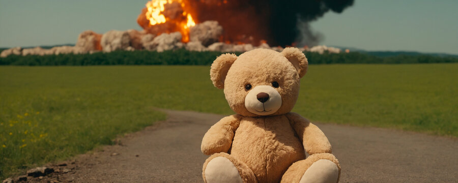Teddy bear sitting on the ground in front of a big explosion during the war