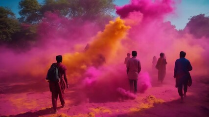 Abstract template on dust powder explosion Holi backdrop. Indian traditional Holiday, generative AI - obrazy, fototapety, plakaty