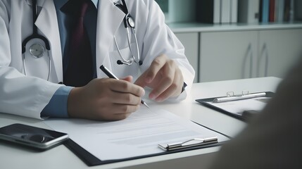 A doctor writes notes and.a prescription at this desk