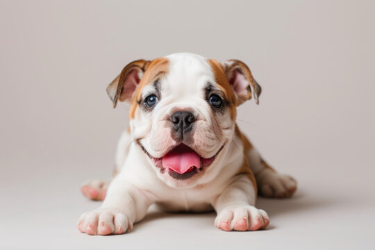 Closeup Full Body Photograph of a Happy Bulldog Puppy Lying Down with a Playful Smile, Isolated on a Solid White Background