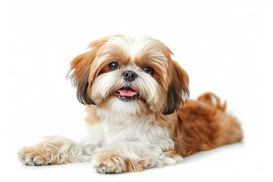 Closeup Full Body Photograph of a Happy Shih Tzu Puppy Lying Down with a Playful Smile, Isolated on a Solid White Background