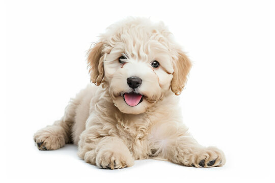 Closeup Full Body Photograph of a Happy Komondor Puppy Lying Down with a Playful Smile, Isolated on a Solid White Background