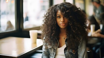 Black model woman with long curly black hair sits waiting in a cafe