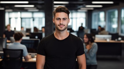 A businessman wearing a plain black T-Shirt stood in an office with a blurred background