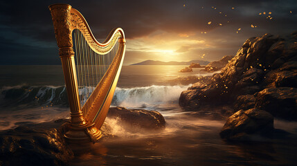 harp stands on a rocky promontory, the incoming tide swirling around its base, under a twilight sky