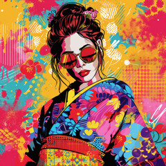 Girl in kimono with pop art sunglasses and paint splashes.