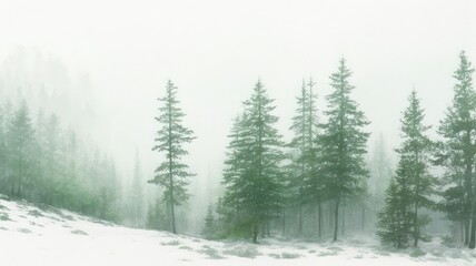 Watercolor background drawn landscape of foggy forest Wild nature, frozen, misty, taiga. generative, AI. - obrazy, fototapety, plakaty